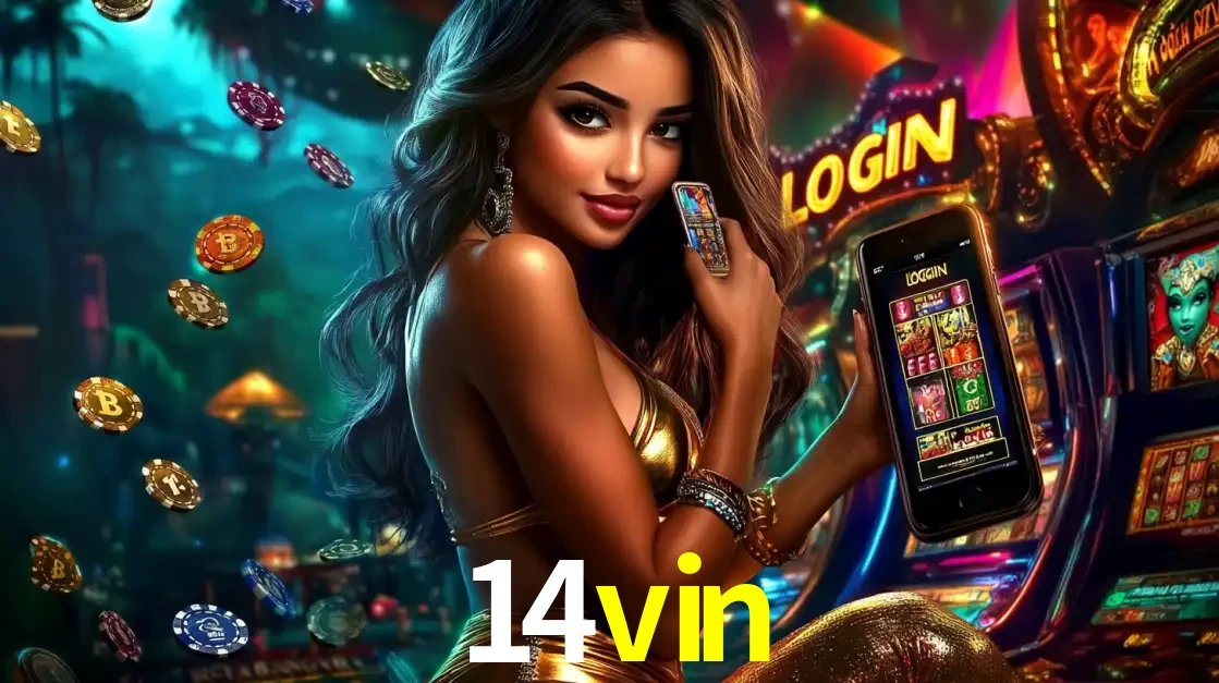 Mulher em um cenário de cassino temático de aventura, mostrando o app de caça-níqueis da 14vin no celular. Fichas de apostas flutuam ao redor.